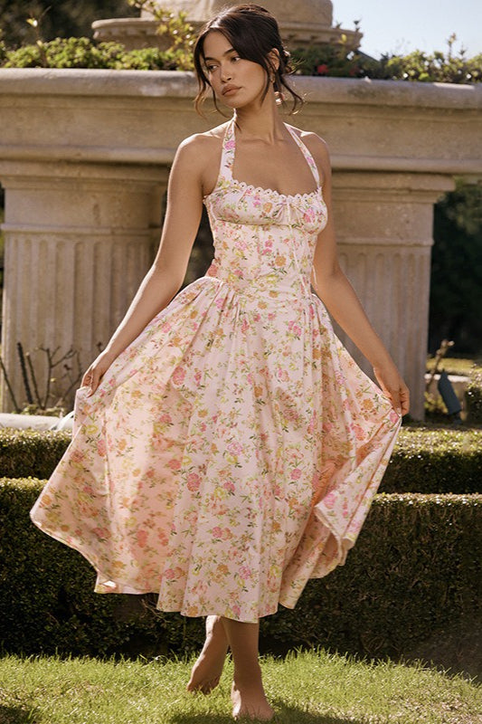 Floral Print Halter Bodycon Maxi Dress