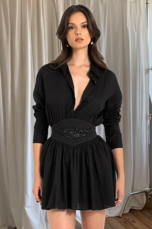Collared Deep V-Neck Long Sleeve Embroidered Waist Fit and Flare Mini Dress