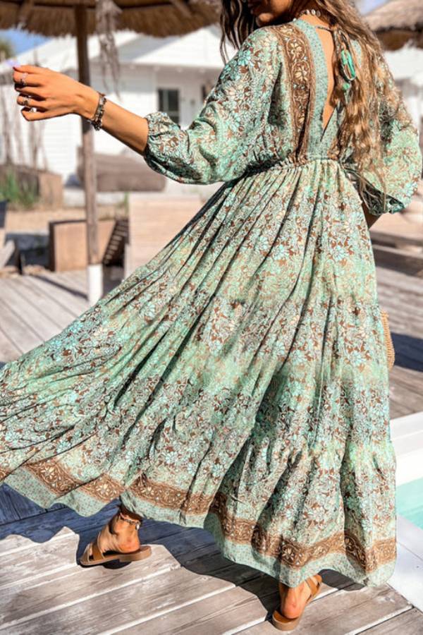 Green Boho Floral Print Backless Drawstring High Waist Maxi Dress