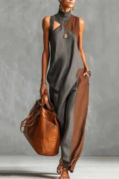 Stylish Color-blocked High-neck Sleeveless Casual Pocket Maxi Dress