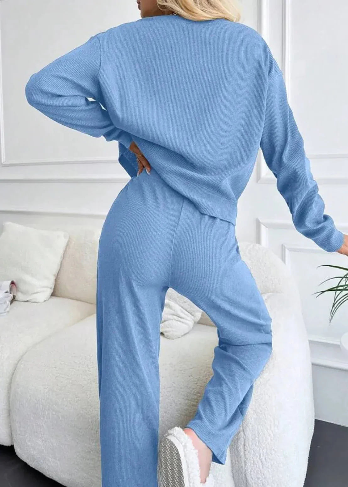 Sky Blue Ribbed Knit Lounge Set