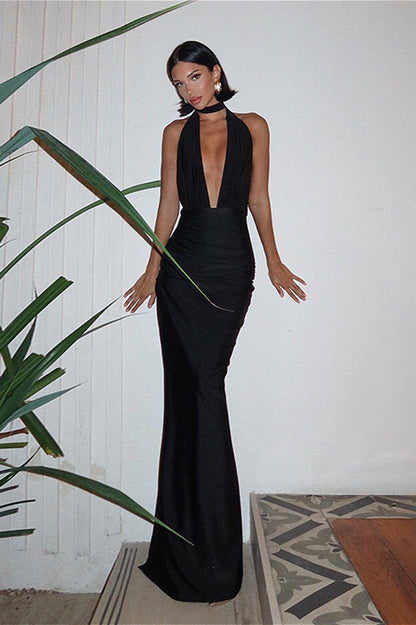 V Neck Halter Backless High Slit Maxi Dress
