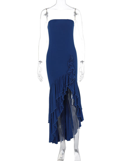 Burgundy Prom Dress Off The Shoulder Ruffles Asymmetrical Elegant Maxi Dresses
