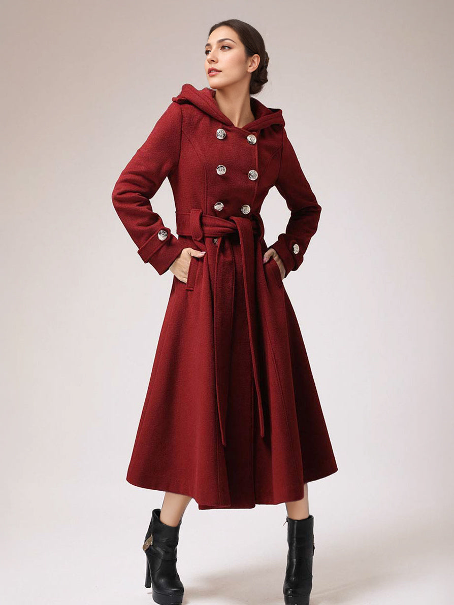 Double-breasted Woolen Coat With Hood Burgundy Belted Winter Long Outerwear For Women 2026