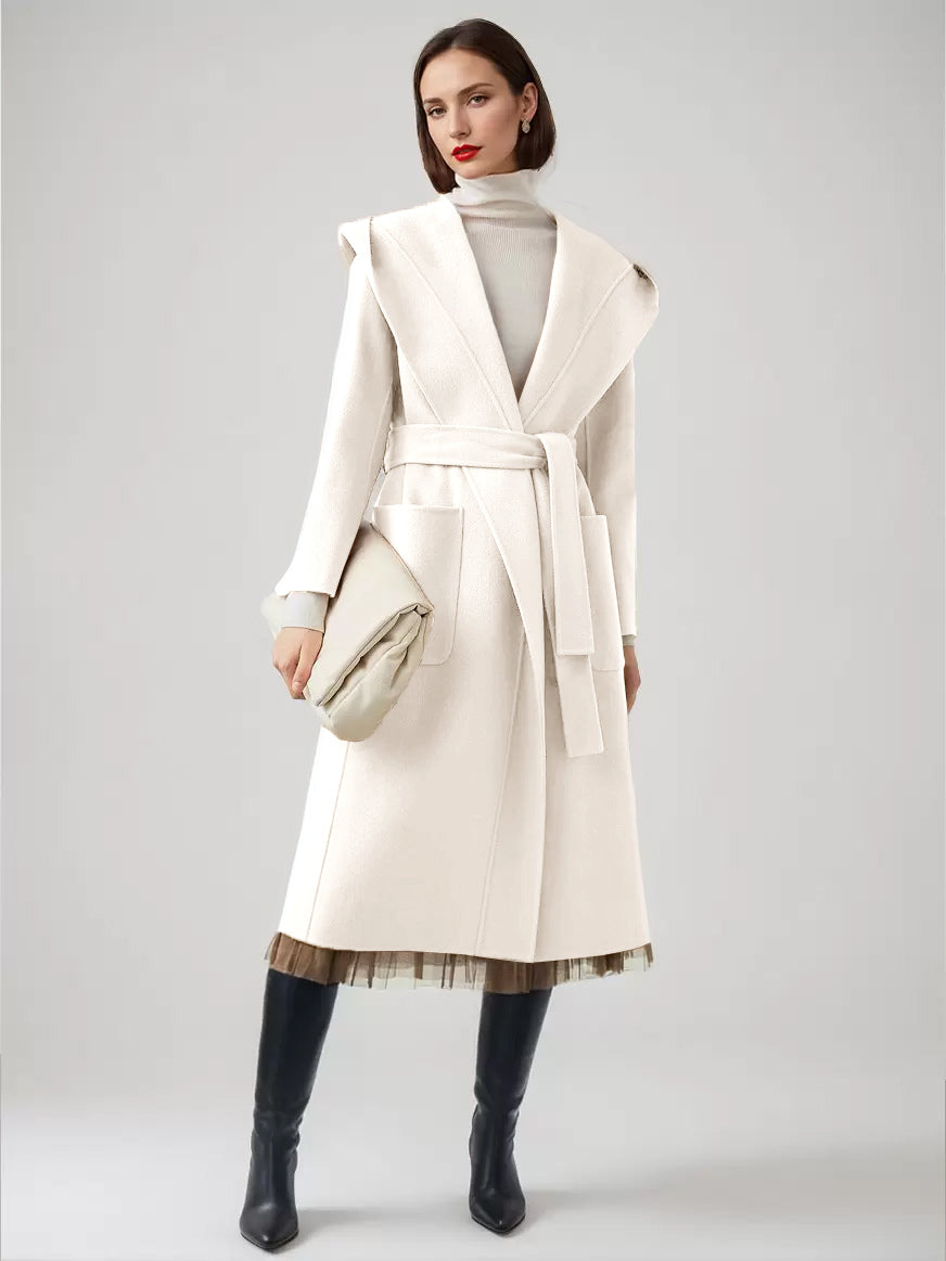 Wool Cashmere Blend Wrap Coat With Hood Double-Faced Camel Belted Winter Outerwear For Women 2026