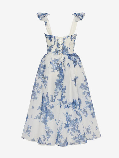 Light Sky Blue Corset Dress Tie Strap Floral A-Line Elegant Party Prom Midi Dresses