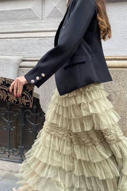 City Empress Tiered Elastic Waist Tulle Maxi Skirt