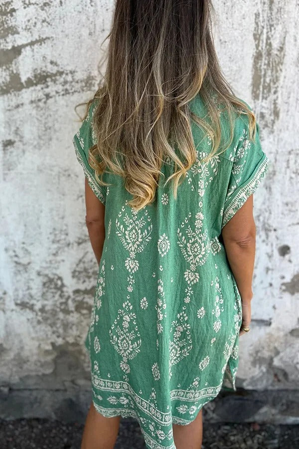 Linen Blend Unique Print Lapel Casual Pocket Mini Dress