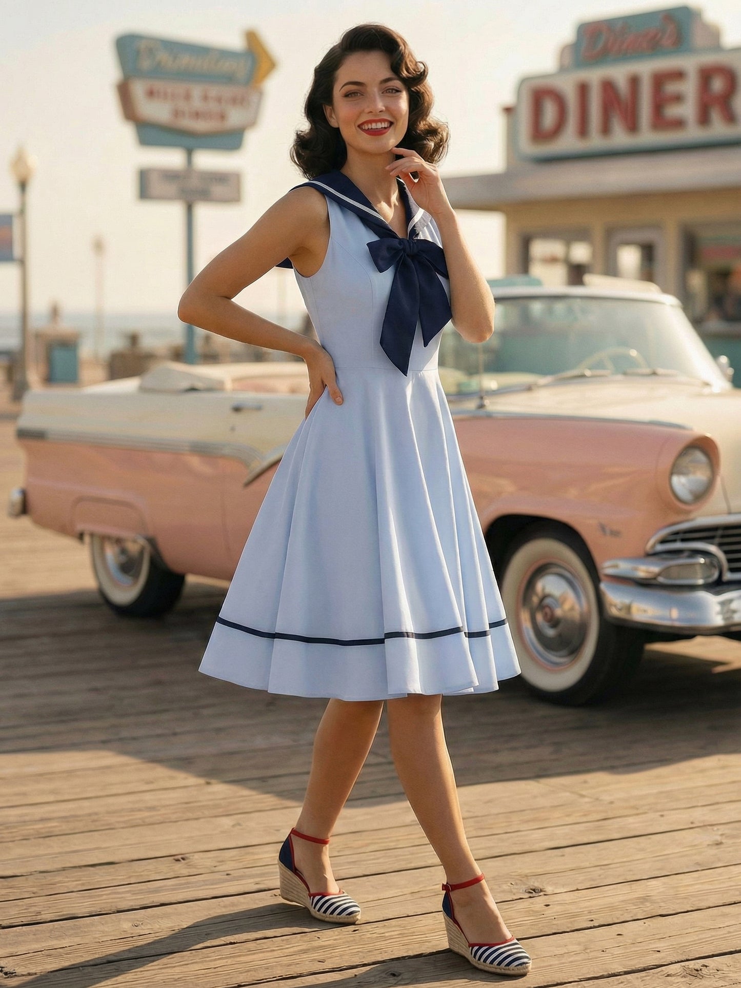 Sailor Collar Bow Knot Sleeveless Retro Swing A-Line Dress For Women 2026