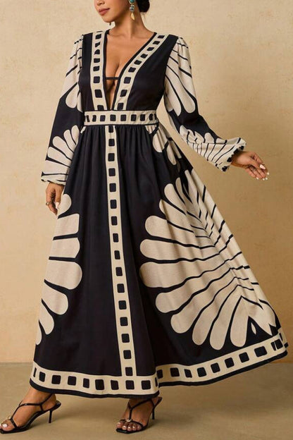Unique Print V-Neck Long Sleeve Casual Vacation Maxi Dress