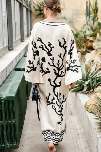 Exotic Locales Satin Unique Print Cutout Neck Wide Sleeve Kaftan Midi Dress
