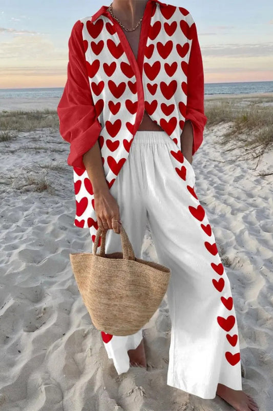 Heart-Print Loose-fitting Shirt and Elastic Waistband Pocket Pants Set