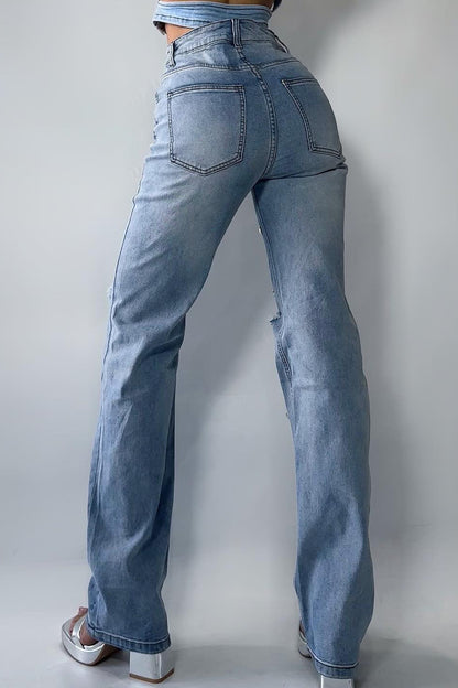 High Waist Rhinestone Ripped Jean