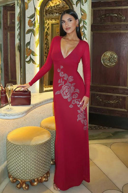 Sexy V-neck Rhinestone Bodycon Maxi Dress