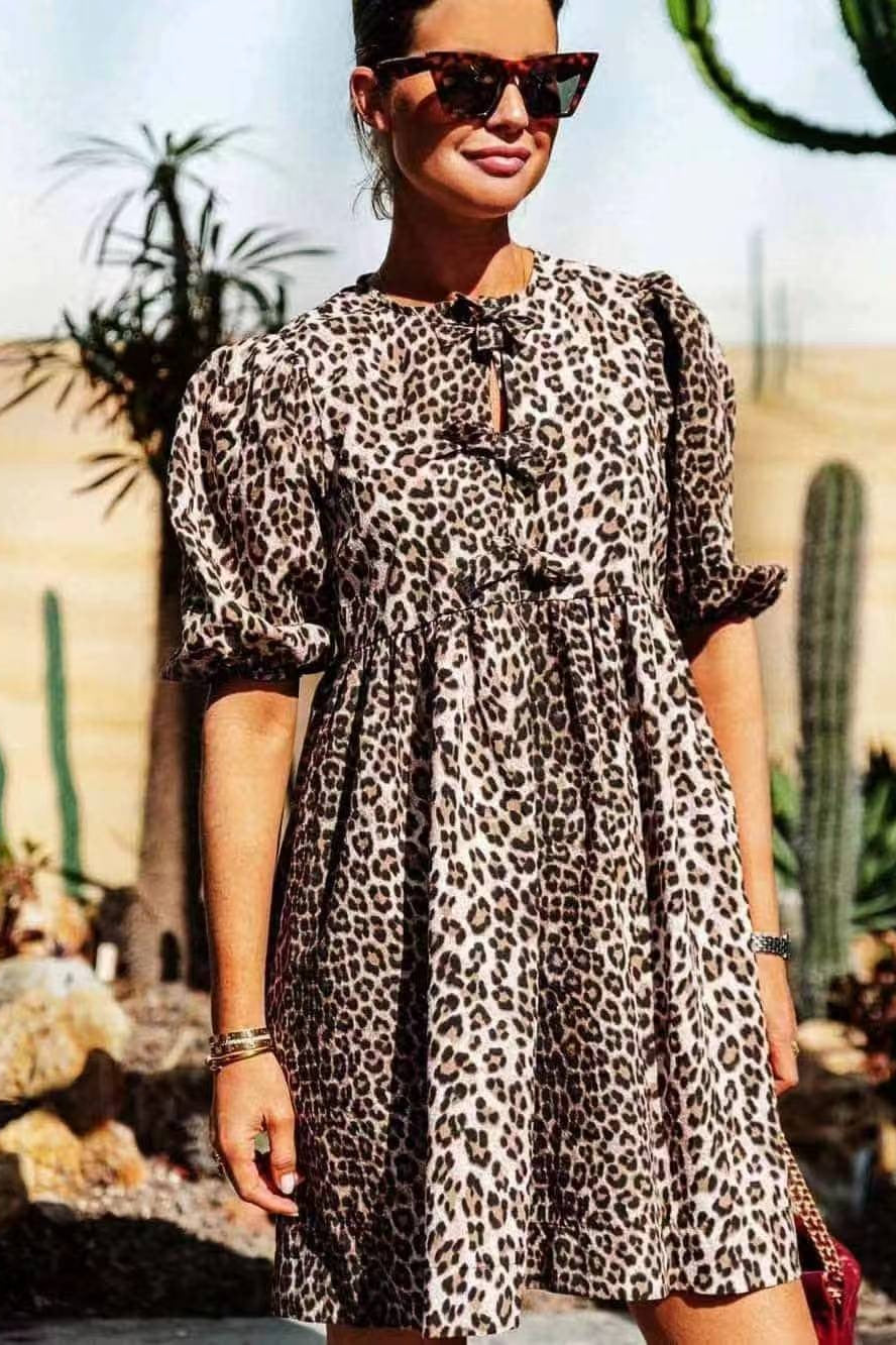 Print Bow Tie Keyhole Puff Sleeve Babydoll Shirt Mini Dress