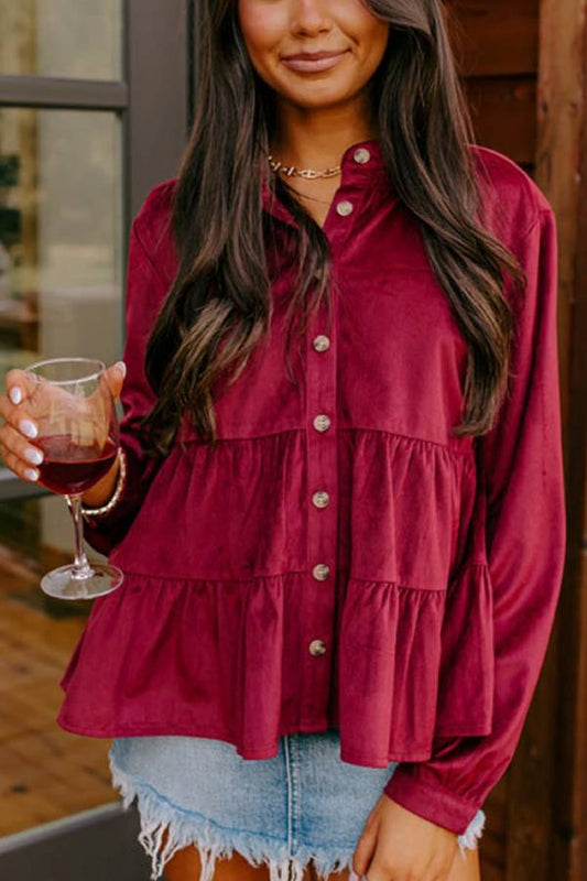 Burgundy Smocked Ruffle Tiered Button-up Shirt