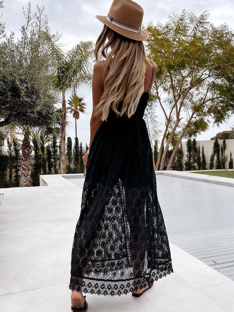 Boho Lace Maxi Slip Dress for Women - V Neck Open Front Romper - Summer Beach Vacation 2026
