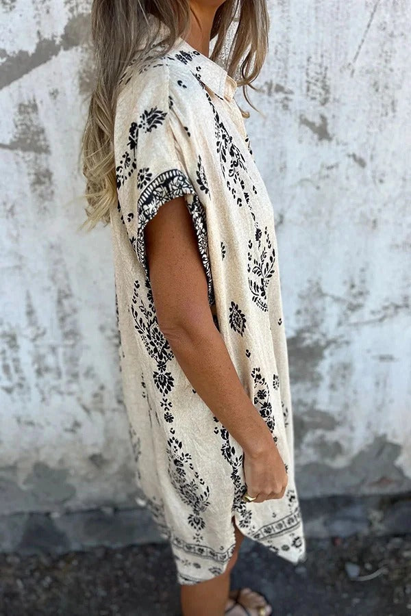 Linen Blend Unique Print Lapel Casual Pocket Mini Dress