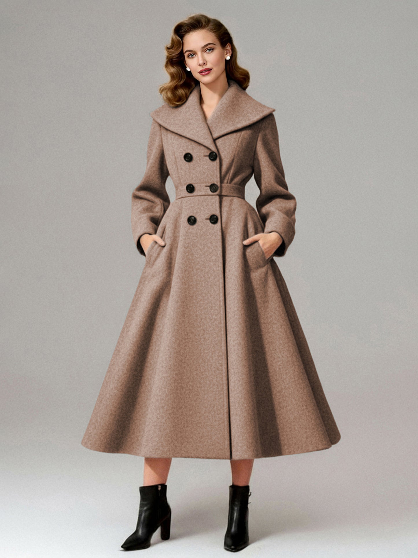 Vintage Double-Breasted A-line Woolen Coat With Shawl Collar For Women 2026
