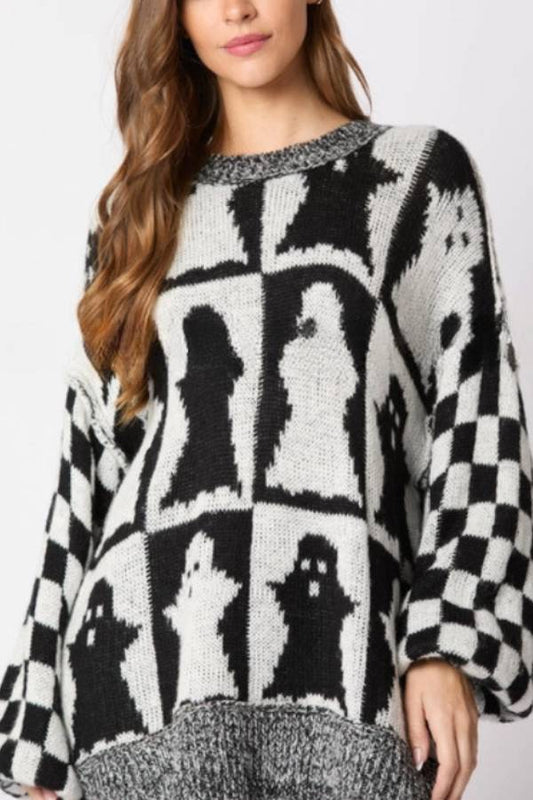 Halloween Ghost Plaid Crew Neck Sweater