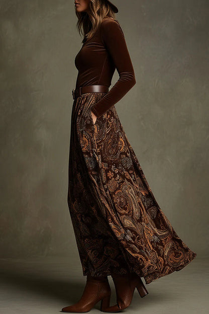 Stylish Velvet Long-sleeved Fitted Top and Unique Printed Casual Pocket Maxi Skirt Set