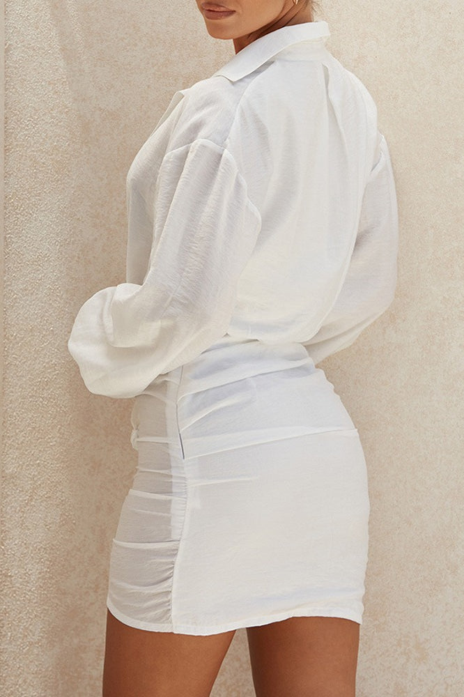 Deep V-Neck Long Bishop Sleeve Twisted Ruched Wrap Tulip Hem Mini Shirt Dress