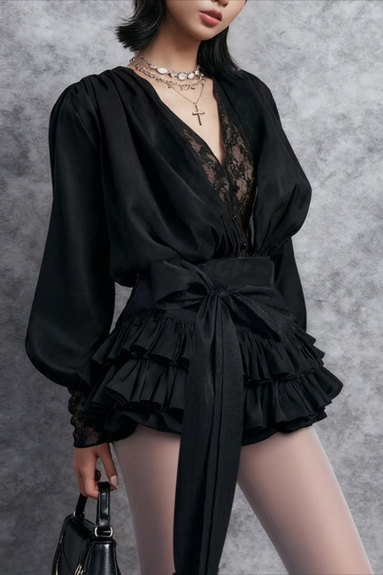 Lace Trim Button Front Long Sleeve Blouse and Tiered Ruffle Bow Waist Shorts Set