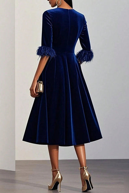Solid Color Velvet Feather Half Sleeves Elegant Fitted Waist Midi Dress