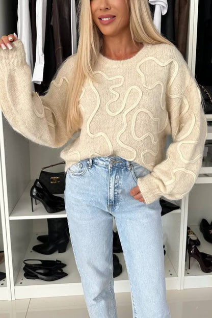 Beautiful Mood Knit Contrast Color Sewing Line Pattern Loose Sweater