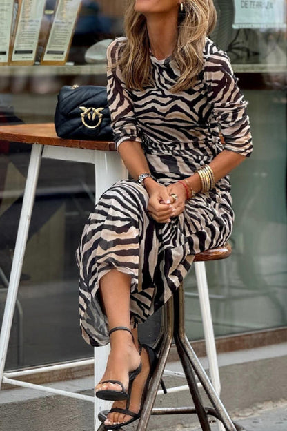 Warm Zebra Print Mirror Velvet Stretch Slim Fit Dress