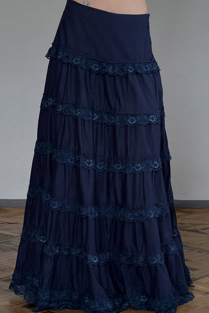 Vintage Lace Trimmed Tiered Midi Skirt