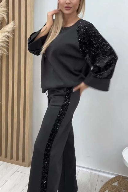 Stylish Sequined Loose-fitting Crew Neck Top and Casual Pocket Wide-leg Pants Set