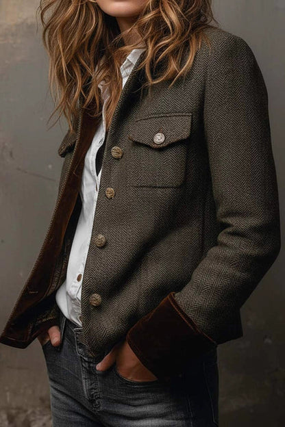 Vintage Herringbone Velvet Trim Casual Long-sleeved Blazer