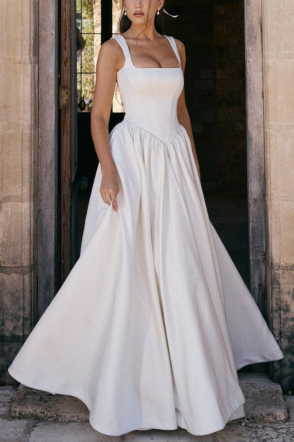 Square Neck Corset Basque Waist Wide Strap Ball Gown Maxi Dress