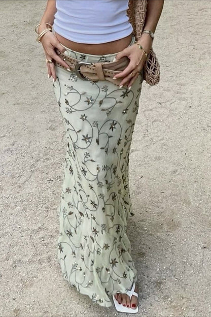 Knit Floral Print Slim Midi Skirt