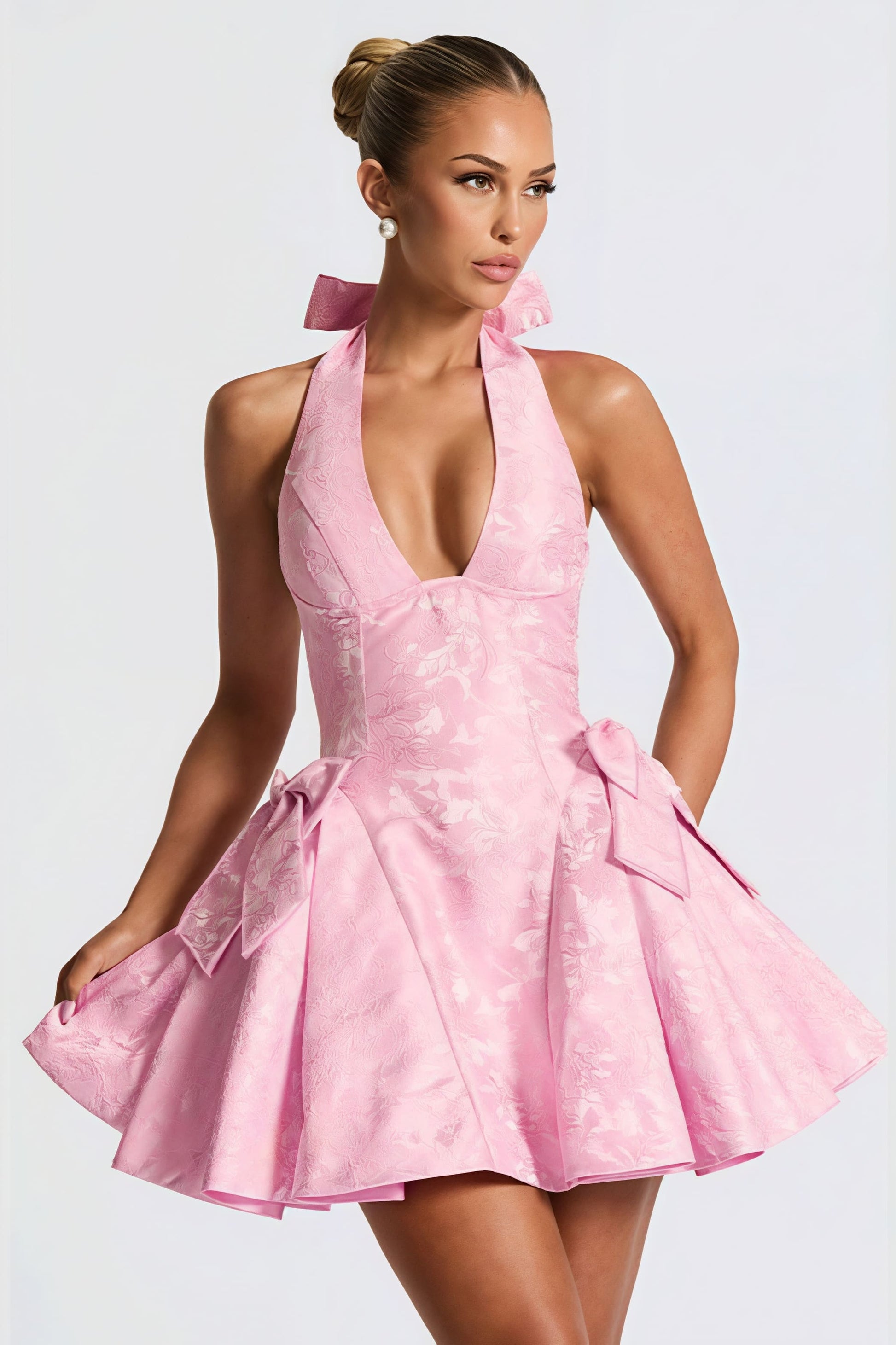 Jacquard Floral Halter Neck Plunging V-Neck Hip Bow Fit and Flare Mini Dress