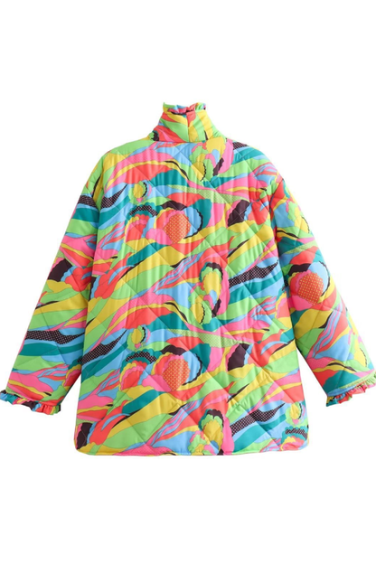 Printed Pleated Lace Trim Cotton Coat