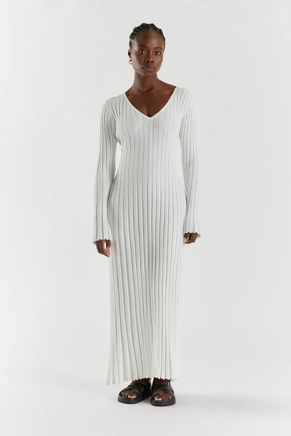Rib Knit V-Neck Lettuce Edge Cuff Bodycon Maxi Dress