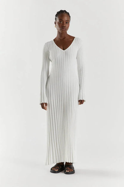 Rib Knit V-Neck Lettuce Edge Cuff Bodycon Maxi Dress