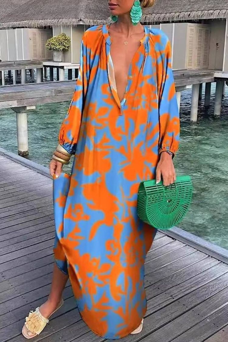 Printed V-neck Long-sleeved Loose Dress
