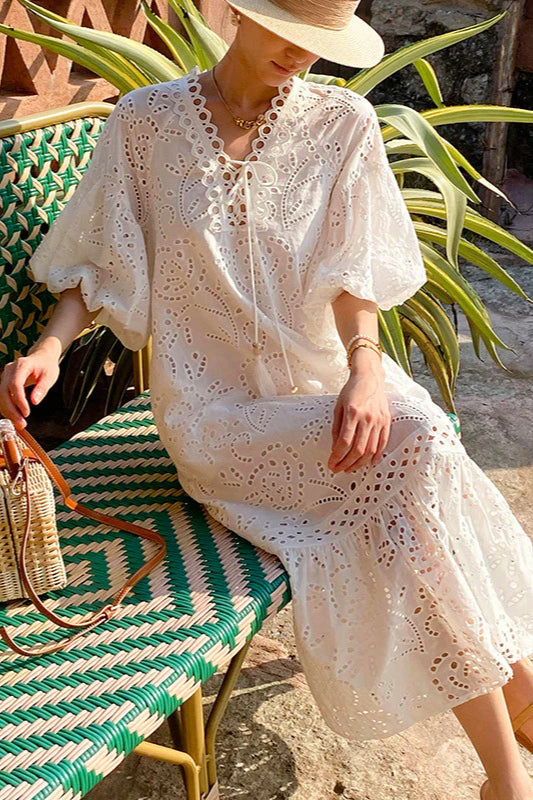 Embroidered Puff Sleeve White Maxi Dress