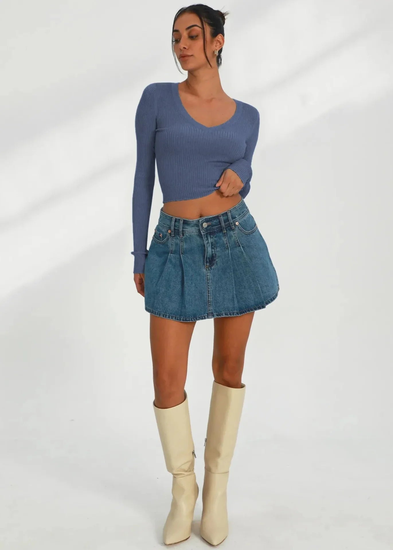 Indigo Ribbed Long-Sleeve Knit Top