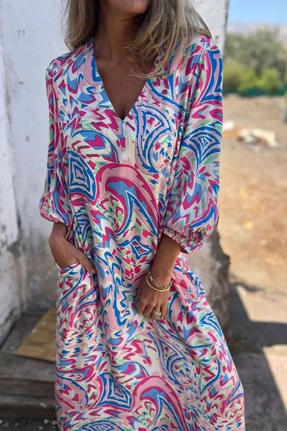 Printed V-neck Pullover Long-sleeved Loose Dress