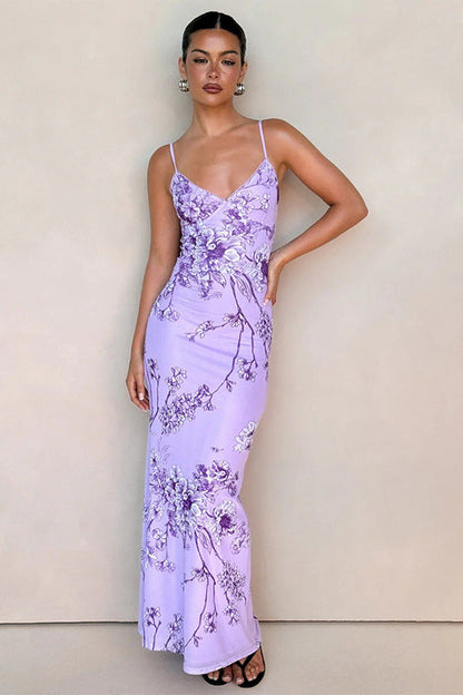 Elegant V-neck Floral Purple Cami Bodycon Maxi Dress