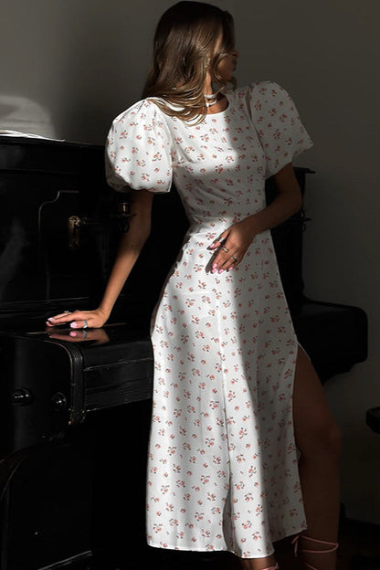 Floral Puff Sleeve Backless Maxi Dress