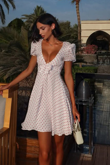 Polka Dot Deep V-Neck Puff Sleeve Tie-Front A-Line Mini Dress