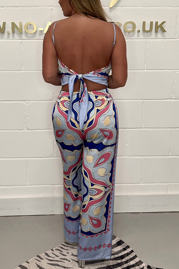 Fashion print suspenders open back tie top + straight pants set