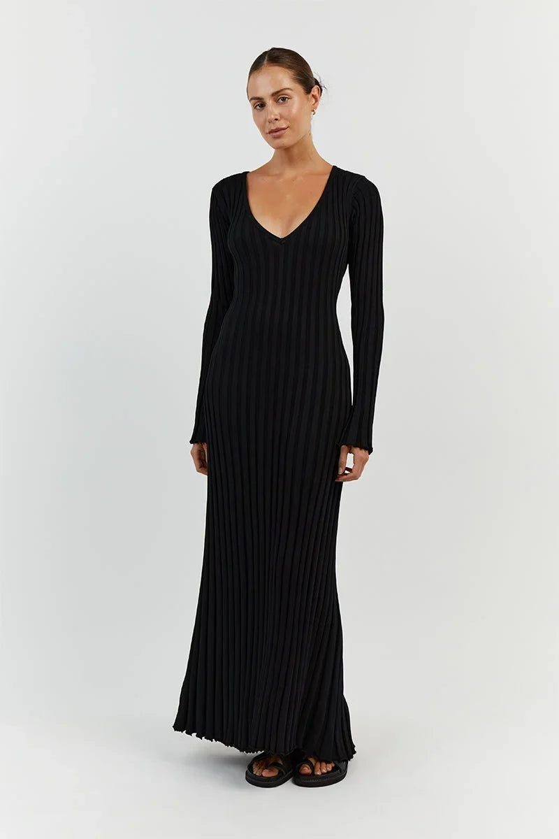 Rib Knit V-Neck Lettuce Edge Cuff Bodycon Maxi Dress