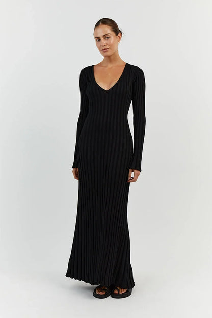 Rib Knit V-Neck Lettuce Edge Cuff Bodycon Maxi Dress