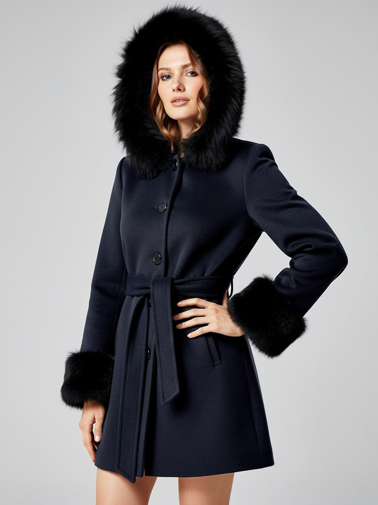 Belted Wool Blend Hooded Coat with black Faux fur cuffs For Women 2026
